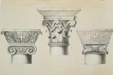 Byzantine capitals from columns in the nave of the church of St. Demetrius in Thessalonica, published by Day und Son